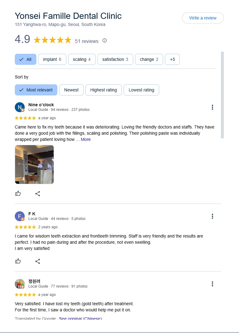 Google review score for Yonsei Famille Dental Clinic
