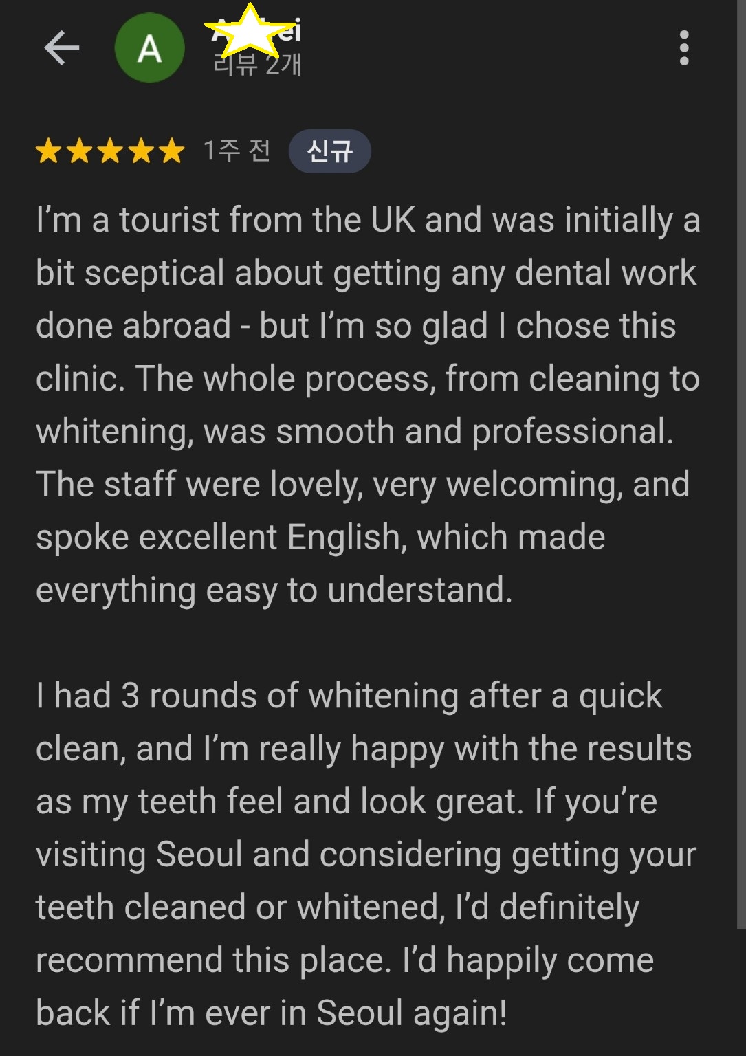 Google Review for whitening at Yonsei Famille Dental Clinic