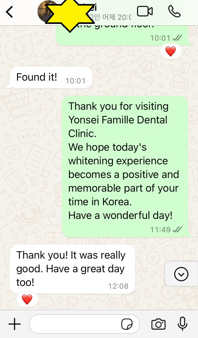 WhatsApp review after teeth whitening at Yonsei Famille Dental